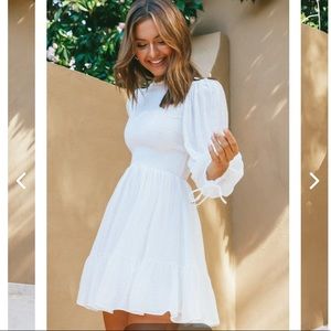 SECRET GARDEN LONG SLEEVE SMOCKED BODICE DRESS WHITE